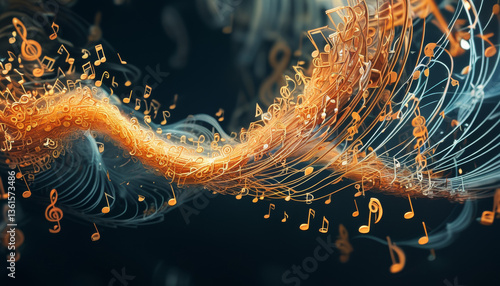 Dynamic symphony of light and sound in a vibrant 3D animation showcasing the beauty of music and technology intertwining. Generative AI