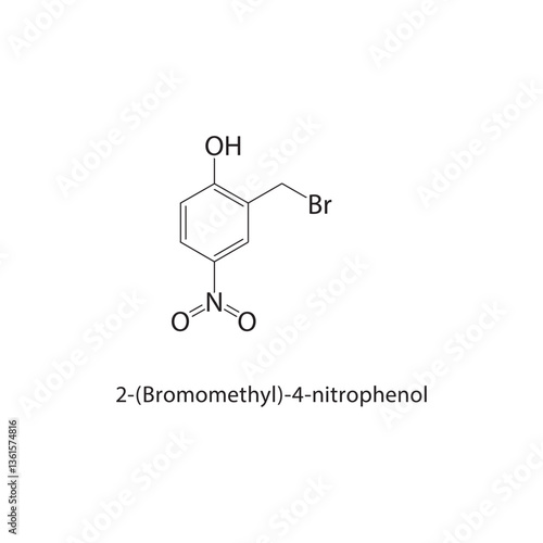 2-(Bromomethyl)-4-nitrophenol skeletal structure. Nitro phenol compound schematic illustration. Simple diagram, chemical formula.
