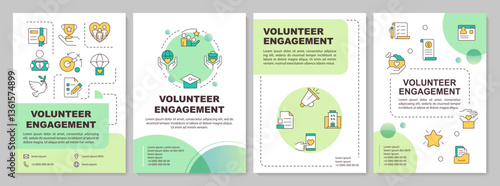 Volunteer engagement green circle brochure template. Non profit organization development. Leaflet design with linear icons. Editable 4 vector layouts. Arial-Bold, Myriad Pro-Regular fonts used