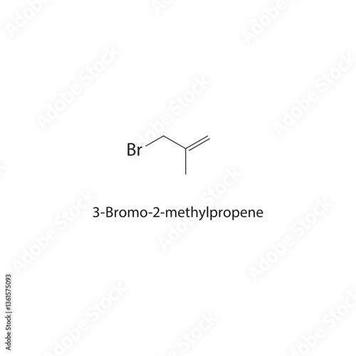 3-Bromo-2-methylpropene skeletal structure. Alkene compound schematic illustration. Simple diagram, chemical formula.