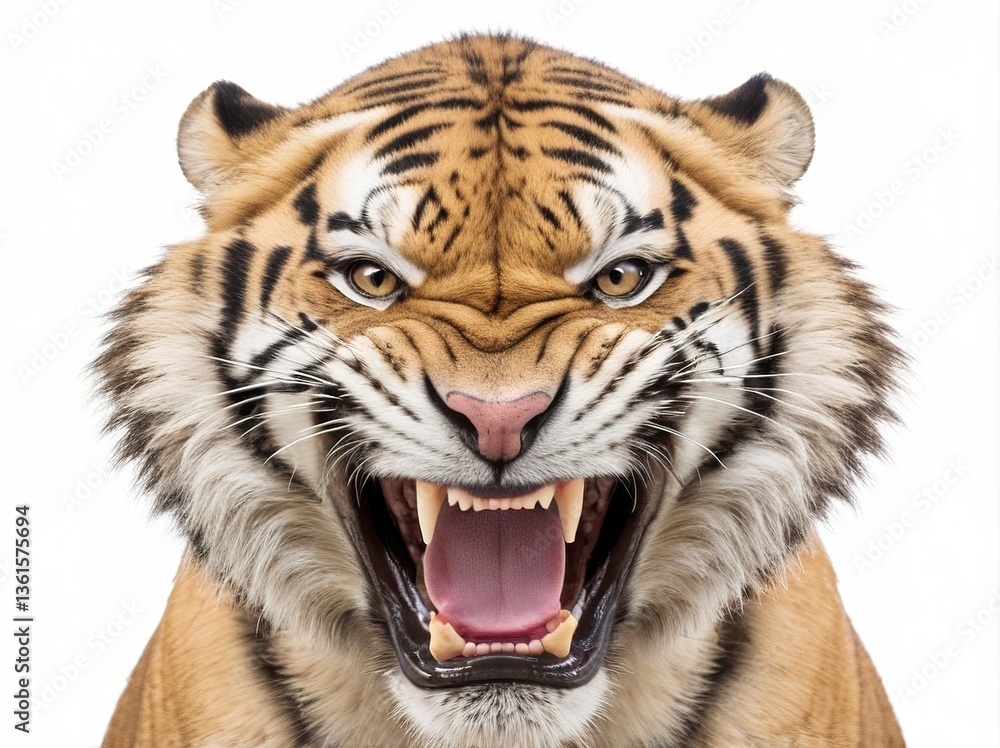 Fototapeta premium Aggressive tiger mid-growl, ears pinned back, on a clean white background.