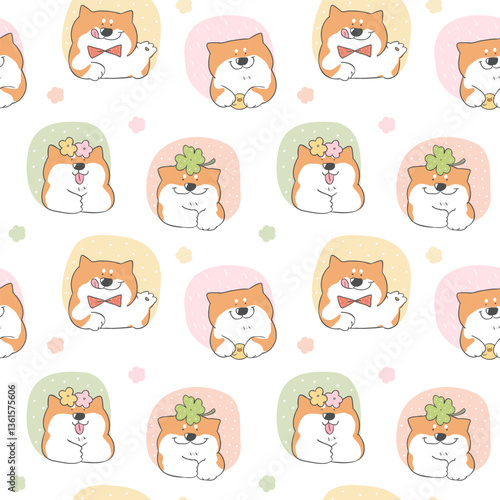 Seamless Childish Pattern with Cute Cartoon Shiba Inu Dog Design on White Background. Hand Drawn Vector Illustration. 