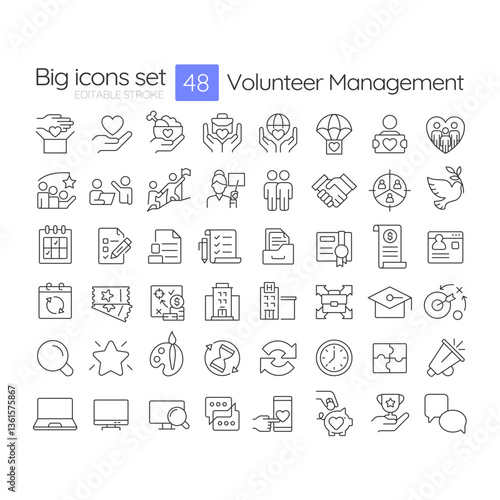 Volunteer management linear icons set. Enthusiasts collaboration for community goals. Non profit organization. Customizable thin line symbols. Isolated vector outline illustrations. Editable stroke
