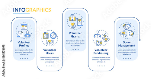 Volunteer activity tracking rectangle infographic vector. Charity events conducting. Donation. Data visualization with 5 steps. Editable rectangular options chart. Lato-Bold, Regular fonts used