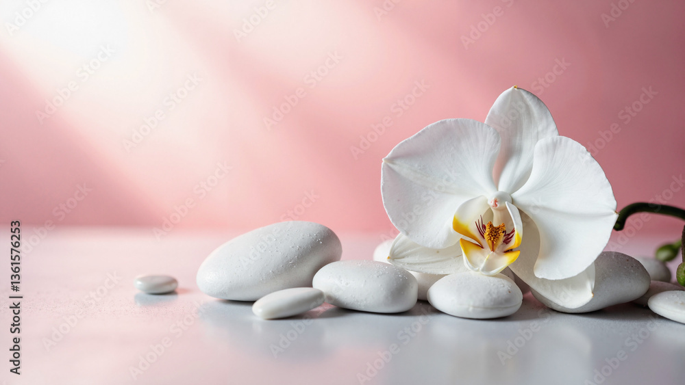 Elegant White Orchid Isolated on Transparent Background with Smooth Pebbles for Spa and Wellness Marketing Elegant White Orchid Isolated on Transparent Background with Smooth Pebbles for Spa and Wellness Marketing