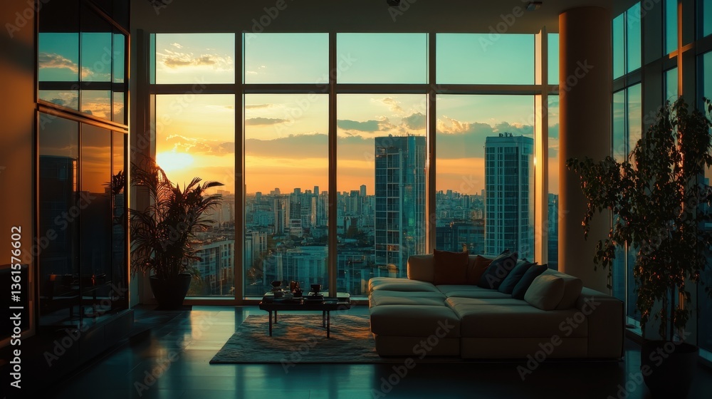 Fototapeta premium Modern interior design with city skyline view at sunset from a high-rise apartment
