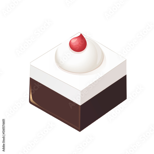 Chocolate dessert with cream and cherry vector illustrationSquare chocolate cake with whipped cream and cherry. Elegant chocolate mousse dessert illustration