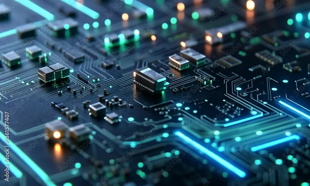 High-tech digital circuit board with glowing blue connections, representing artificial intelligence, data processing, and futuristic computing technology. High-tech digital circuit board with glowing blue connections, representing artificial intelligence, data processing, and futuristic computing technology.