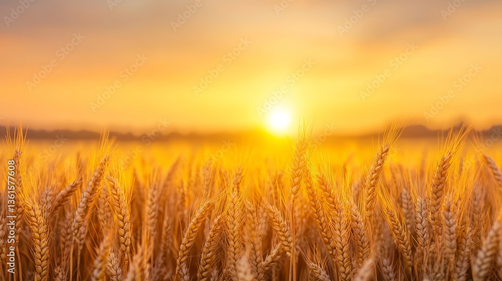 Golden wheat field under a vibrant sunset with sun rays illuminating the landscape Golden wheat field under a vibrant sunset with sun rays illuminating the landscape