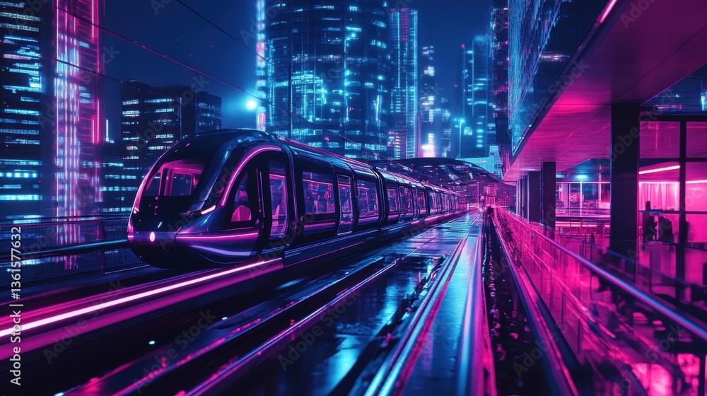 Fototapeta premium Futuristic transit system gliding through a neon-lit urban landscape at night