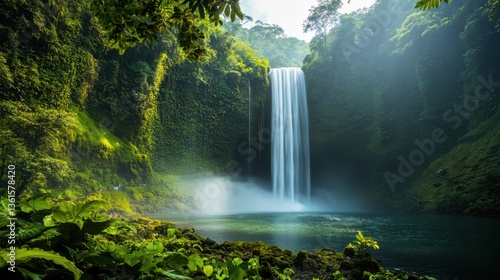 Majestic waterfall cascades into serene pool surrounded by lush greenery in tropical forest