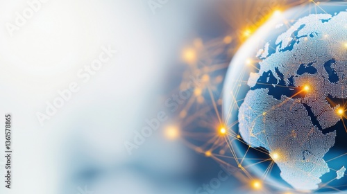 Globe surrounded by a network of dots representing global connectivity and communication in a digital world