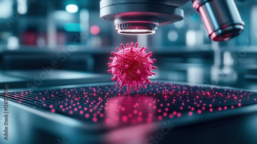 A vibrant microscopic image of a virus, showcasing intricate details against a digital backdrop, highlighting the intersection of science and technology.