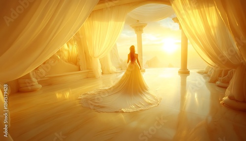 A woman walks towards the bright sunlit horizon in a palace