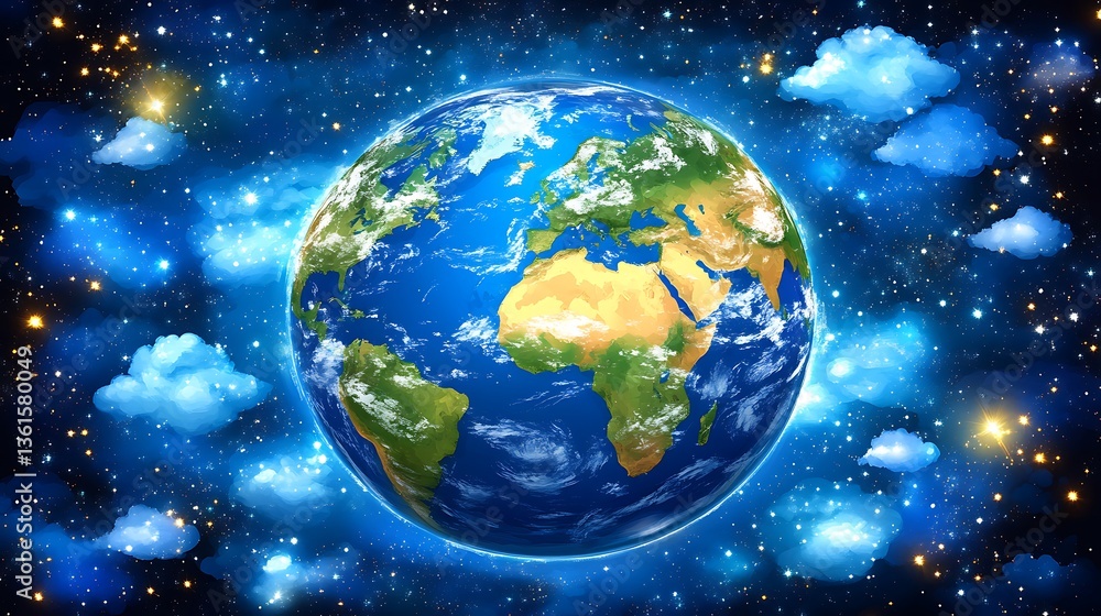 Fototapeta premium Earth surrounded by clouds and stars.