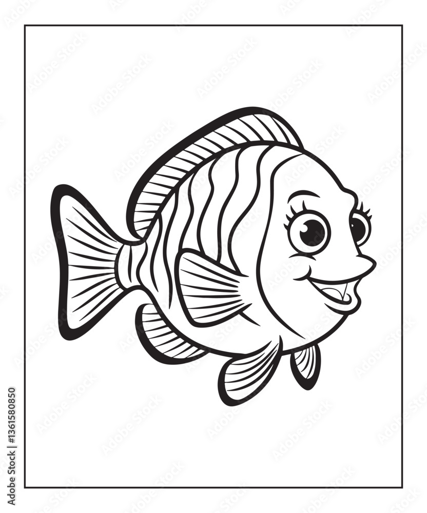 Fototapeta premium Cute fish coloring page for kids, black line art vector illustration on white background 