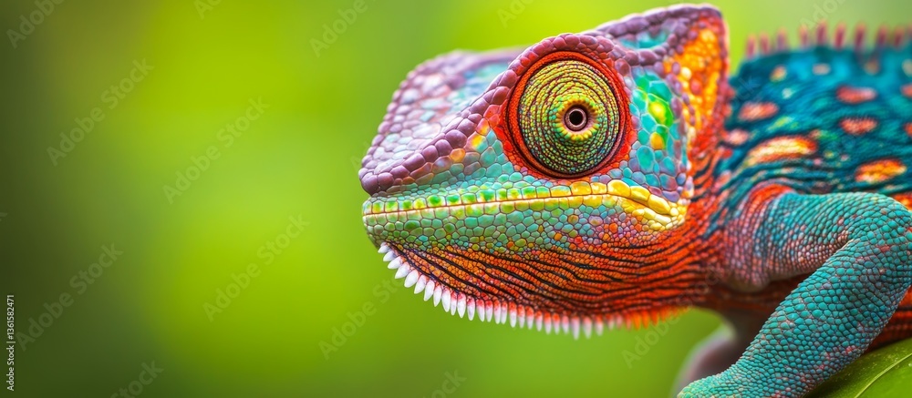 Obraz premium Closeup of a Vibrant and Detailed Colorful Chameleon Showcasing Intricate Skin Patterns Against a Soft Blurred Green Background
