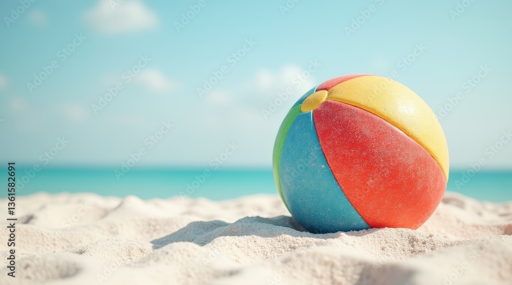 Obraz premium Red, blue, yellow beach ball on white sand near turquoise ocean under blue sky. Summer vacation and leisure concept with copy space