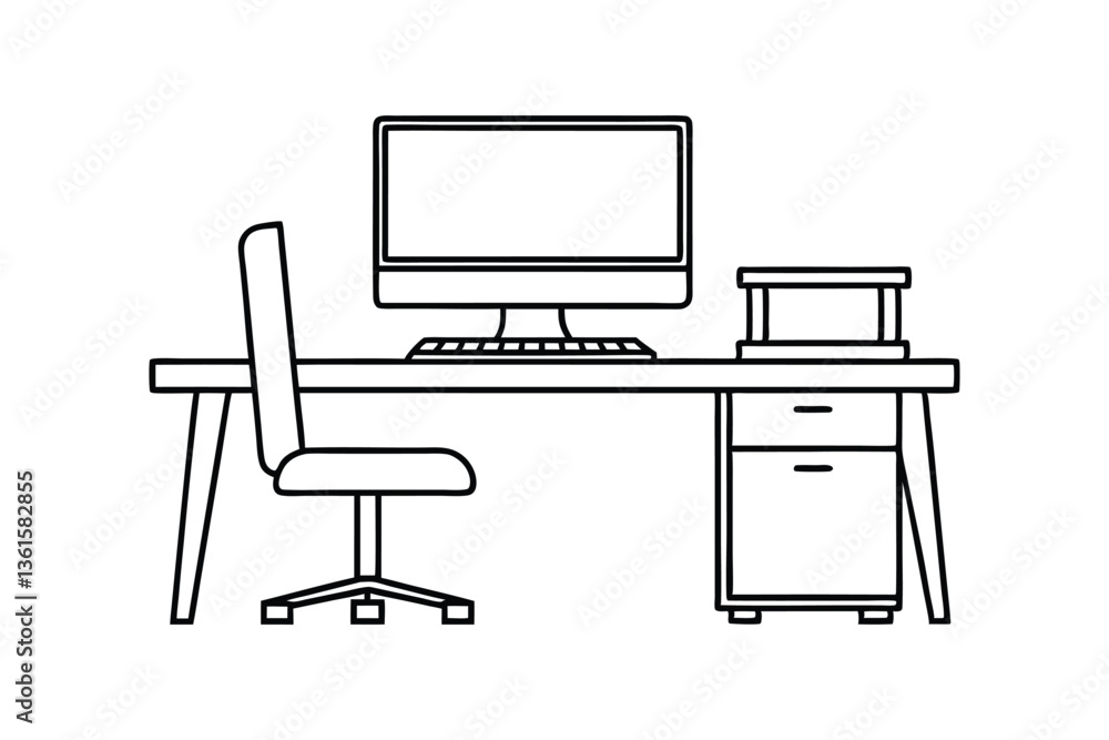 A line art drawing of a modern office desk with a computer monitor vector illustration.eps A line art drawing of a modern office desk with a computer monitor vector illustration.eps