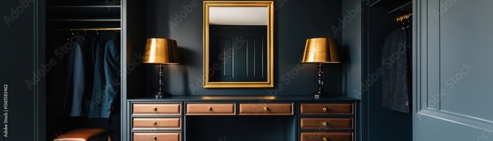 Moody high-contrast dressing room with a gold-brass mirror, leather textures, and vintage lamps Moody high-contrast dressing room with a gold-brass mirror, leather textures, and vintage lamps