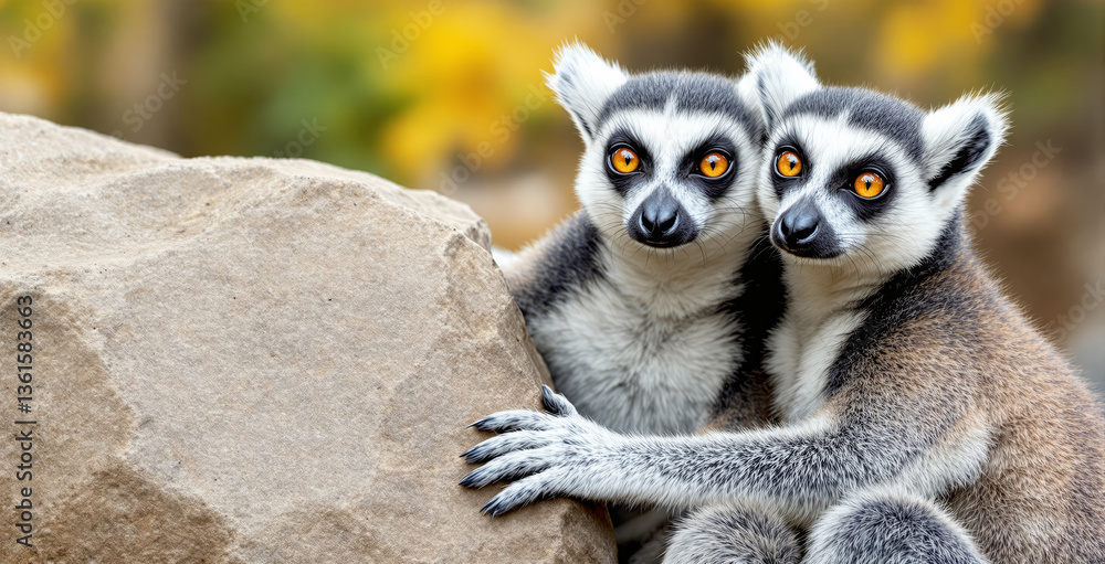Obraz premium Two ring-tailed lemurs with striking orange eyes cling to a rock, surrounded by a blurred natural background. Concept of wildlife, nature, and companionship. Ai generative