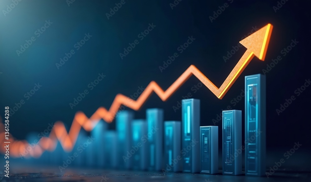 Dynamic upward trending graph soaring above blue data blocks illuminated by vibrant light. AI Generated Dynamic upward trending graph soaring above blue data blocks illuminated by vibrant light. AI Generated