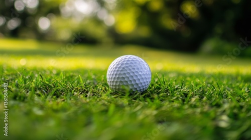 High quality image of a bright white golf ball resting on vibrant green grass in a sunlit outdoor environment