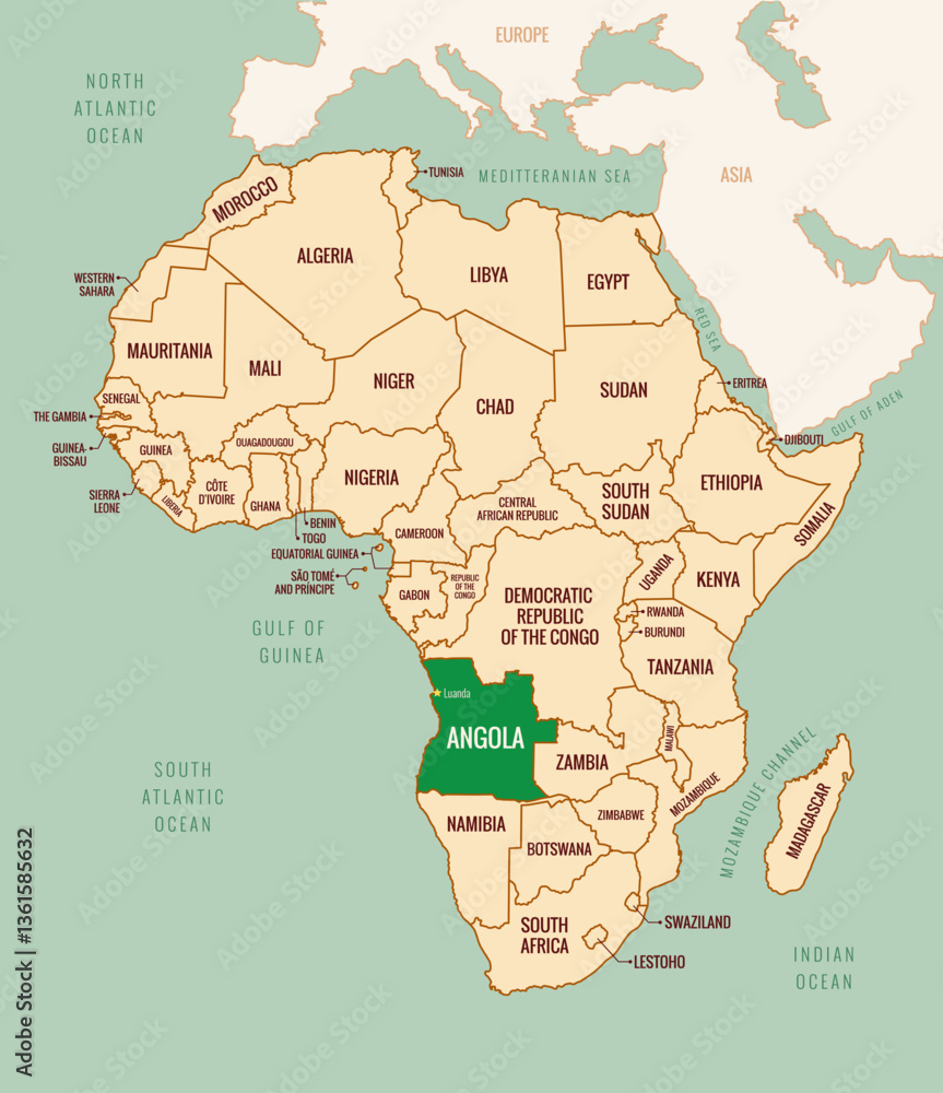 Obraz premium Editable Vector Map of Angola, Africa, with country border, country names, and capital city