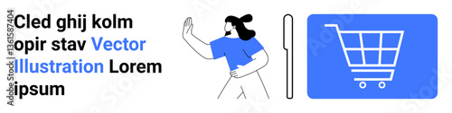 Woman making a gesture beside a shopping cart icon, representing online shopping, retail, and e-commerce. Ideal for digital marketplace, customer engagement, mobile apps, virtual stores, shopping
