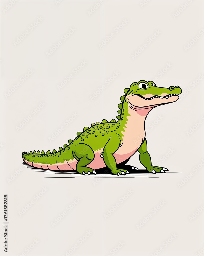 Fototapeta premium Green crocodile on plain white background minimalist clean cartoon style illustration cartoon style illustration
