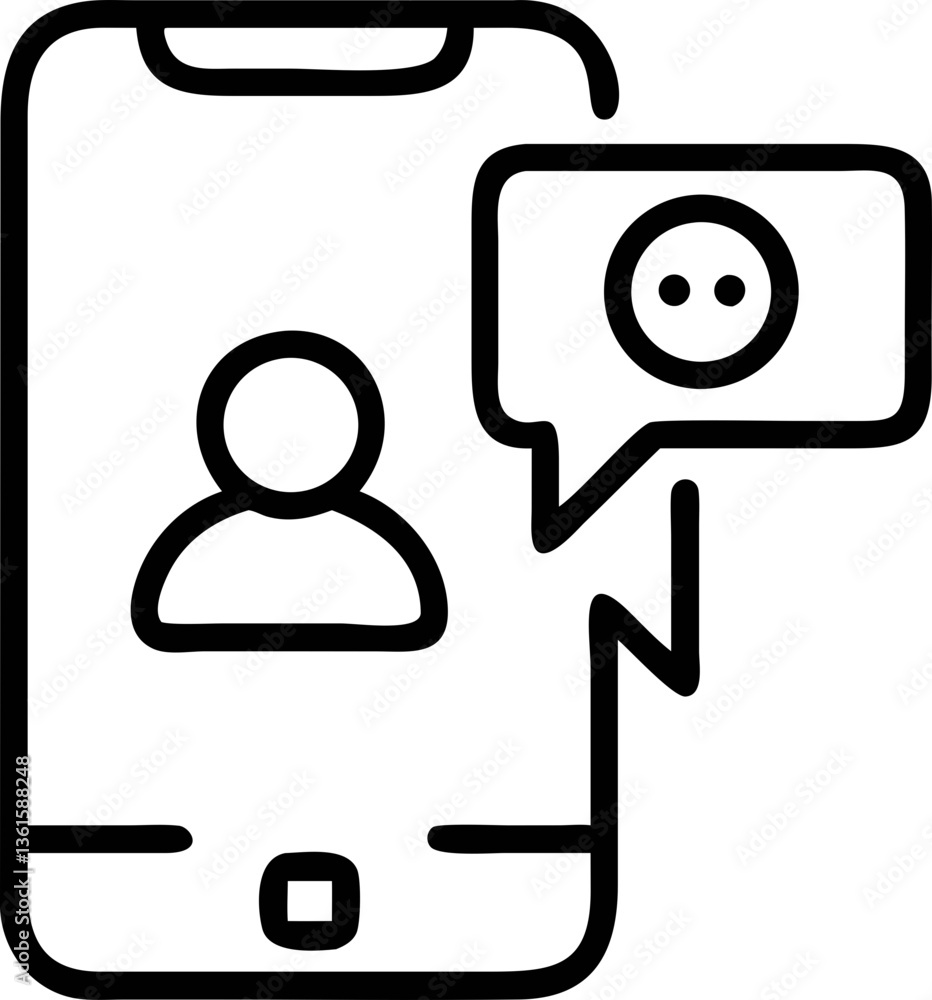 This shows simple line drawing of smartphone with chat bubble containing user icon, representing communication or messaging. design is minimalistic and straightforward.smartphone with chat bubble This shows simple line drawing of smartphone with chat bubble containing user icon, representing communication or messaging. design is minimalistic and straightforward.smartphone with chat bubble
