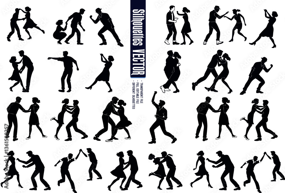 Silhouettes of couples dancing in various styles at a lively social event in the evening Silhouettes of couples dancing in various styles at a lively social event in the evening