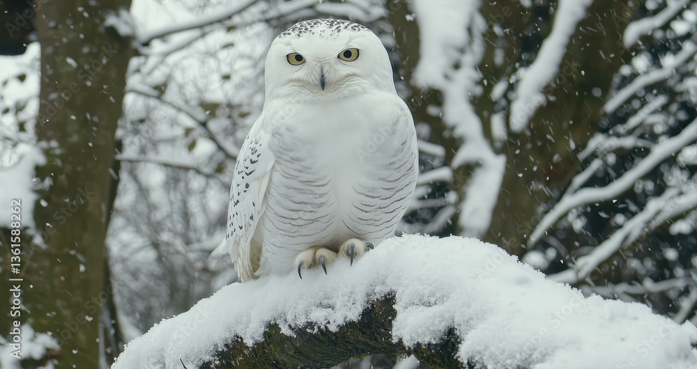 Obraz premium Majestic Snowy Owl Perched on a Snow-Covered Branch in Winter