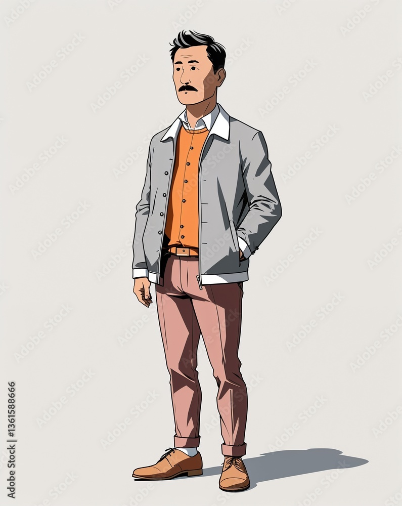 Fototapeta premium Middle aged man short black hair in gray jacket and brown pants solemn gaze on plain white background minimalist clean cartoon style illustration shoes