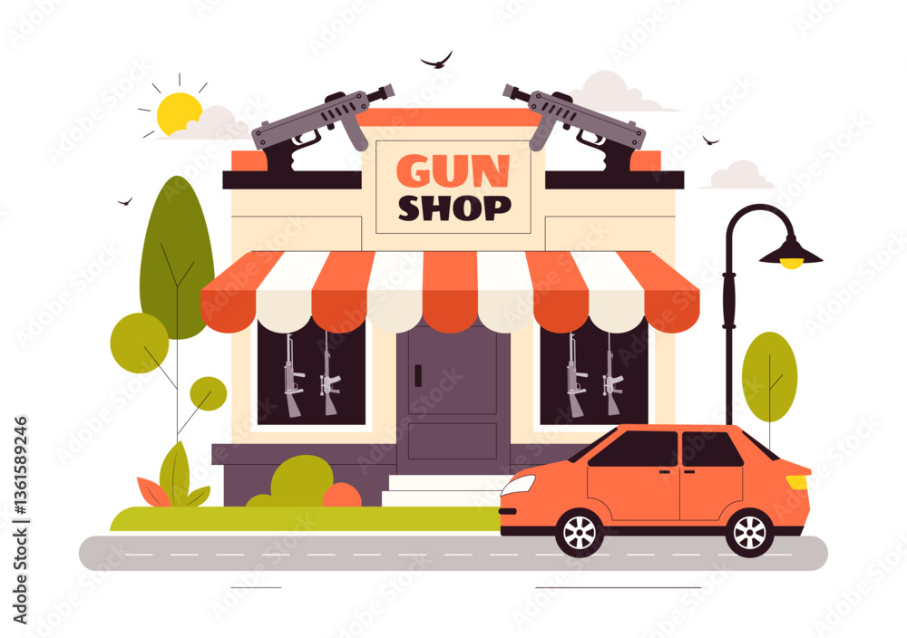 Fototapeta premium Gun Accessories Shop Vector Illustration featuring a Rifle, Bullets, Weapons, and Hunting Equipment in a Flat Style Cartoon Background