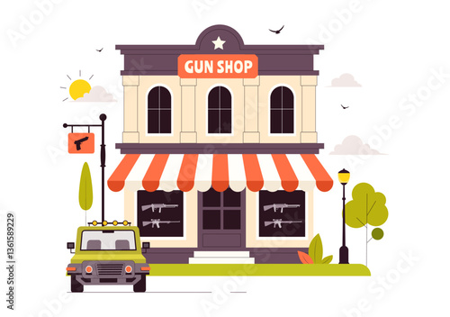 Gun Accessories Shop Vector Illustration featuring a Rifle, Bullets, Weapons, and Hunting Equipment in a Flat Style Cartoon Background