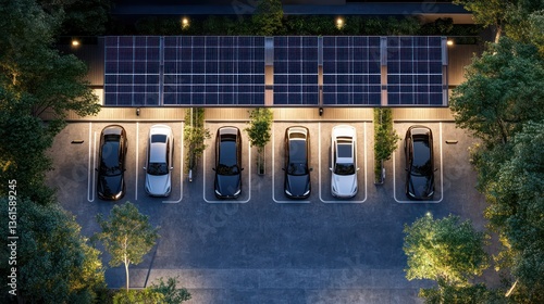 Solar-powered electric vehicle charging station urban parking lot digital rendering eco-friendly environment aerial view sustainability concept