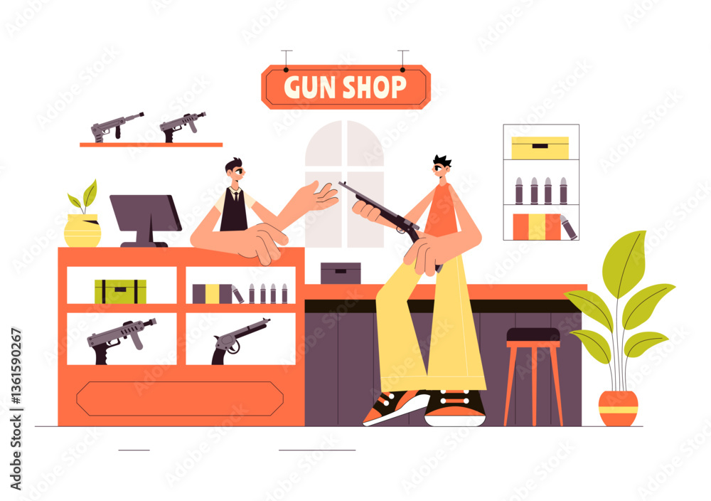Naklejka premium Gun Accessories Shop Vector Illustration featuring a Rifle, Bullets, Weapons, and Hunting Equipment in a Flat Style Cartoon Background