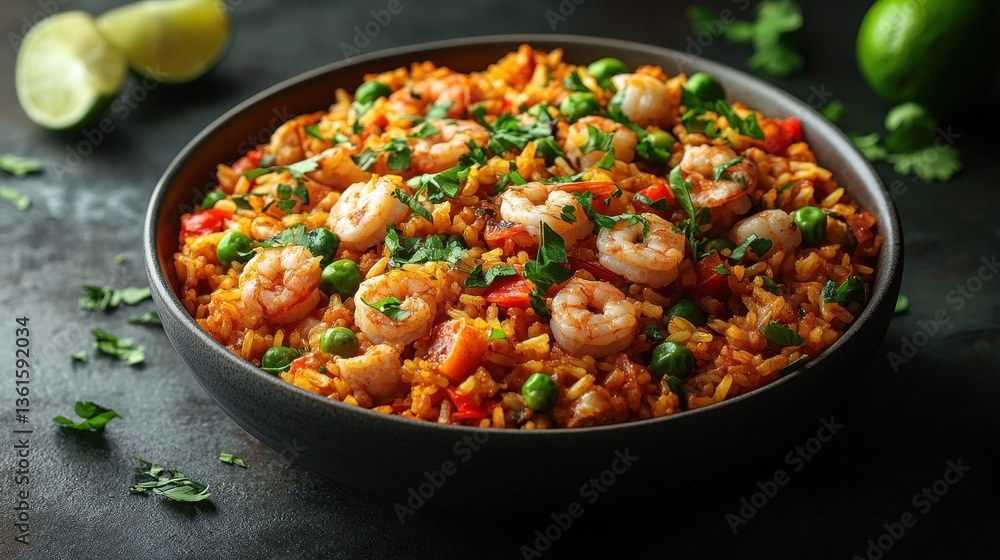 Delicious Shrimp Rice Dish Displayed Within A Black Ceramic Bowl Delicious Shrimp Rice Dish Displayed Within A Black Ceramic Bowl
