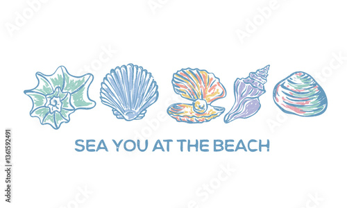 Sea you at the beach. Beach modern abstract art. Sound of the sea. Seashell vintage artwork. Summer vibes artwork. Seashell line drawing. 
