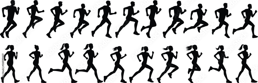 Fototapeta premium Dynamic runner silhouette set, runner vector in various poses for fitness and sport designs. Ideal for marathon, exercise, and athletic projects