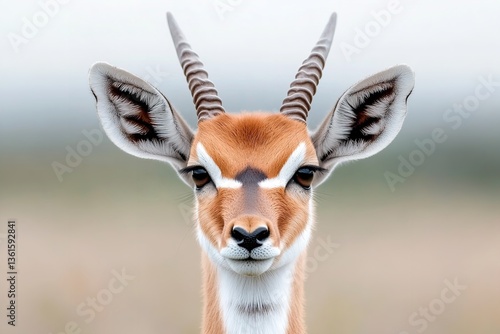 Close-up view of a gazelle showcasing its striking features in a soft natural environment during daylight hours