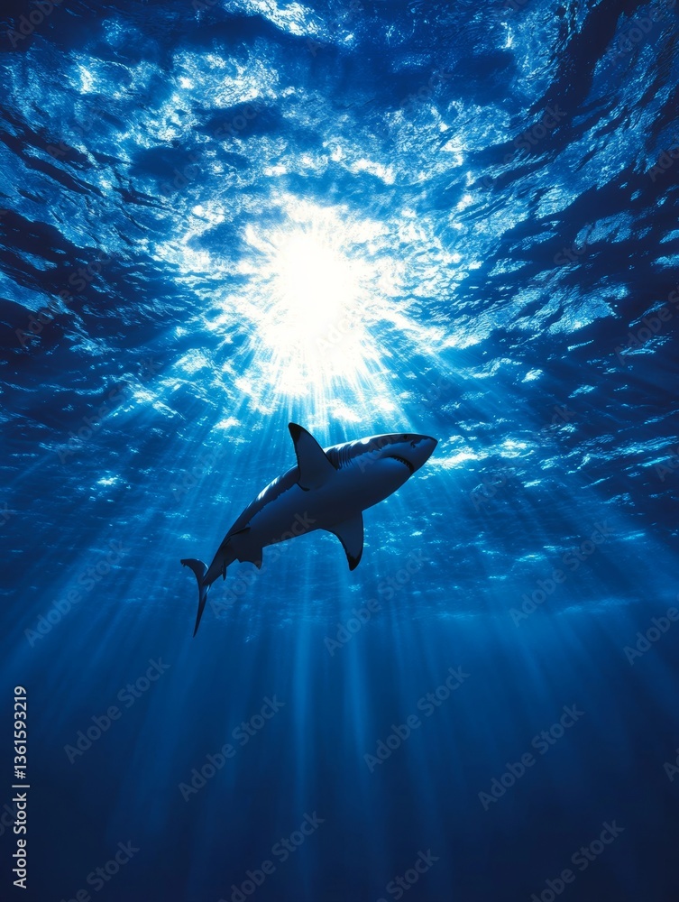 Obraz premium With its mouth agape, a great white shark swims in the ocean