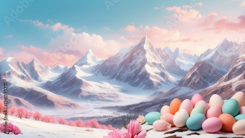 A vibrant, colorful landscape featuring a mountainous valley.