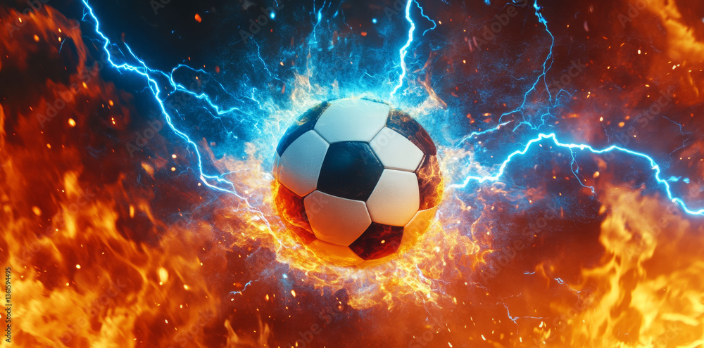 Fototapeta premium soccer ball surrounded by electric and fiery energy