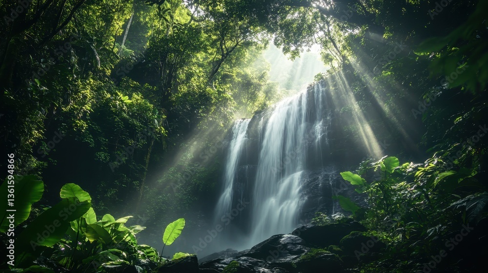 Cascading waterfall surrounded by lush greenery and soft beams of sunlight in a tropical rainforest Cascading waterfall surrounded by lush greenery and soft beams of sunlight in a tropical rainforest
