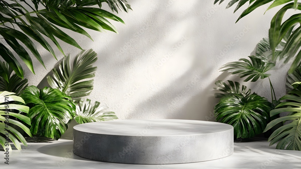 Stone podium for display product with tropical leaves. 3d illustration Stone podium for display product with tropical leaves. 3d illustration