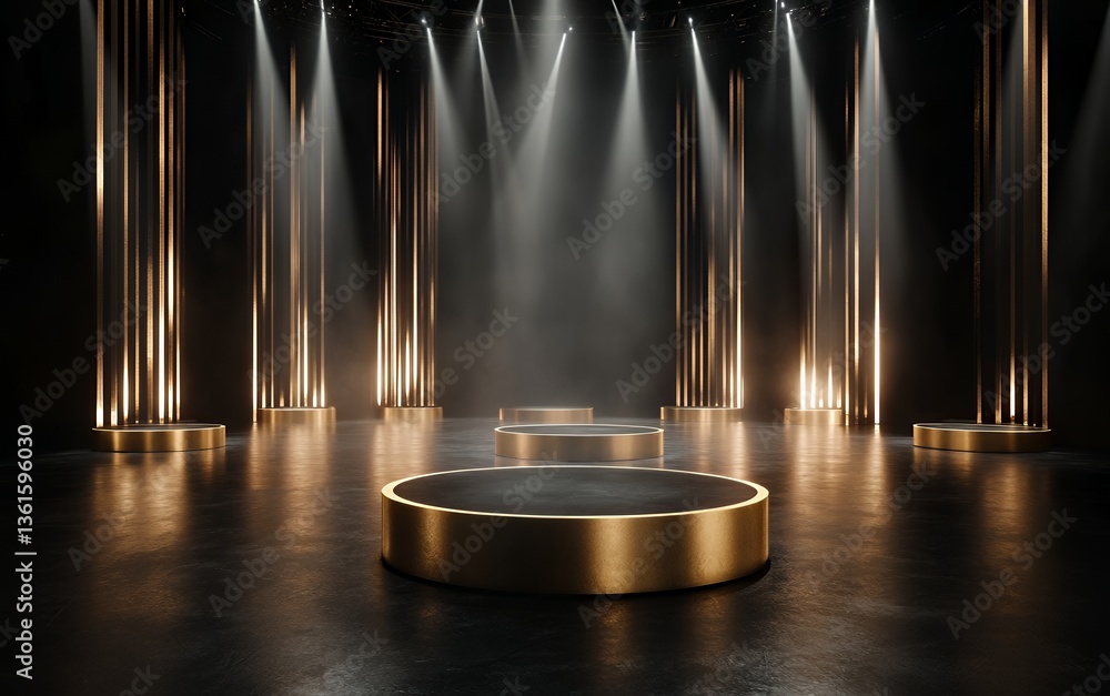 Obraz premium Stylish stage with illuminated podiums and dramatic lighting effects.