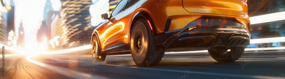 Fototapeta premium Sleek Orange Car in Motion on Urban Street at Sunset
