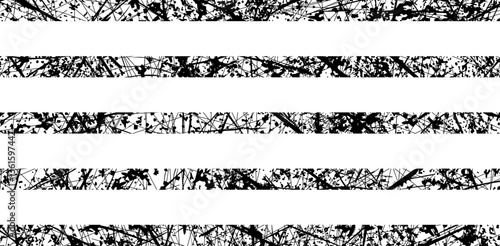 Grunge textured line or border edges set, black messy scratches or blots isolated on white. Vector clipart for aged, damaged or rubbed or distressed, grimy with paint or ink effect, creative design.